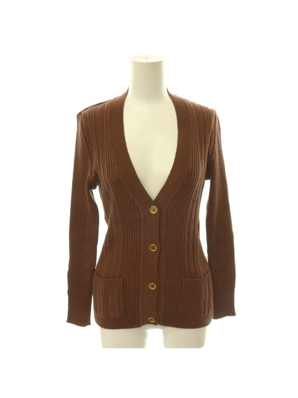 Celine Vintage Cotton V-neck Rib Cardigan Knit Long Sleeve Brown 38